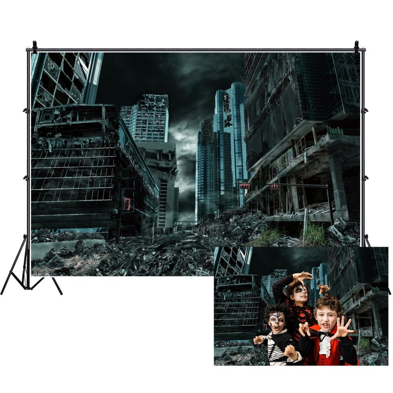 Renaiss 10x8ft Destroyed City Backdrop The End World Collapsed Buildings City Ruins Disaster Scene Theme Photography Background for Horrible Movie Film Video Studio Photo Studio Props - Image 1